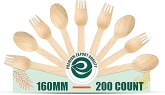 ECO SOUL [160mm, 200 Pack] Disposable Spoons & Forks Set Wooden Dining Flatware Ideal for Kids Birthday, Wedding & Party
