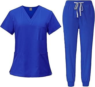 Scrubs Uniforms Women Set, Female Medical Uniforms & Scrubs Durable Short Sleeve V Neck Tunic Top and Pants with Pockets, Beauty Tunics for Women UK Nursing Workwear Suits for Beauty Center
