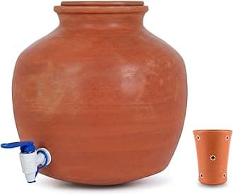 Terracotta Clay Water Pot | Earthenware Pot for Storing Water with Lid | Mitti ka Matka - 9 litres | Pani ka ghada | Matki with Tap & 1 Clay Glass