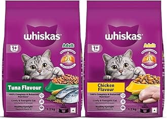 Whiskas Adult (+1 Year) Dry Cat Food, Chicken Flavour, 1.2kg Pack and Adult (+1 Year) Dry Cat Food, Tuna Flavour, 1.2kg Pack
