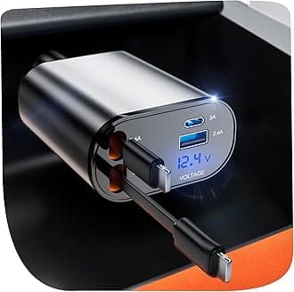 Retractable Car Charger, 4 in 1 Fast Charging 69W, Cigarette Lighter Adapter 2 Retractable iPhone Cables and USB Car Charger,Compatible with iPhone 14/13/12/11,Galaxy,Pixel