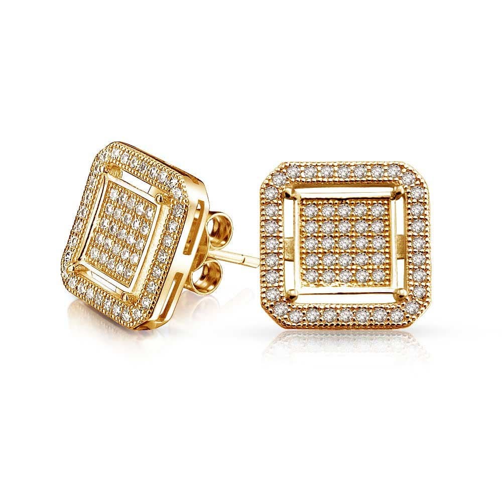 Geometric Flat Square Box Frame Cubic Zirconia Pave CZ Stud Earrings For Men 14K Gold Plated 925 Sterling Silver 12MM