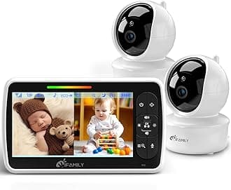iFamily Split Screen Baby Monitor, Large Display Video Baby Monitor with 2 Cameras and Audio, Long Range, Remote pan tilt, Night Vision, Temperature Sensor, 2 Way Talk, Feeding Clock and lullabies.