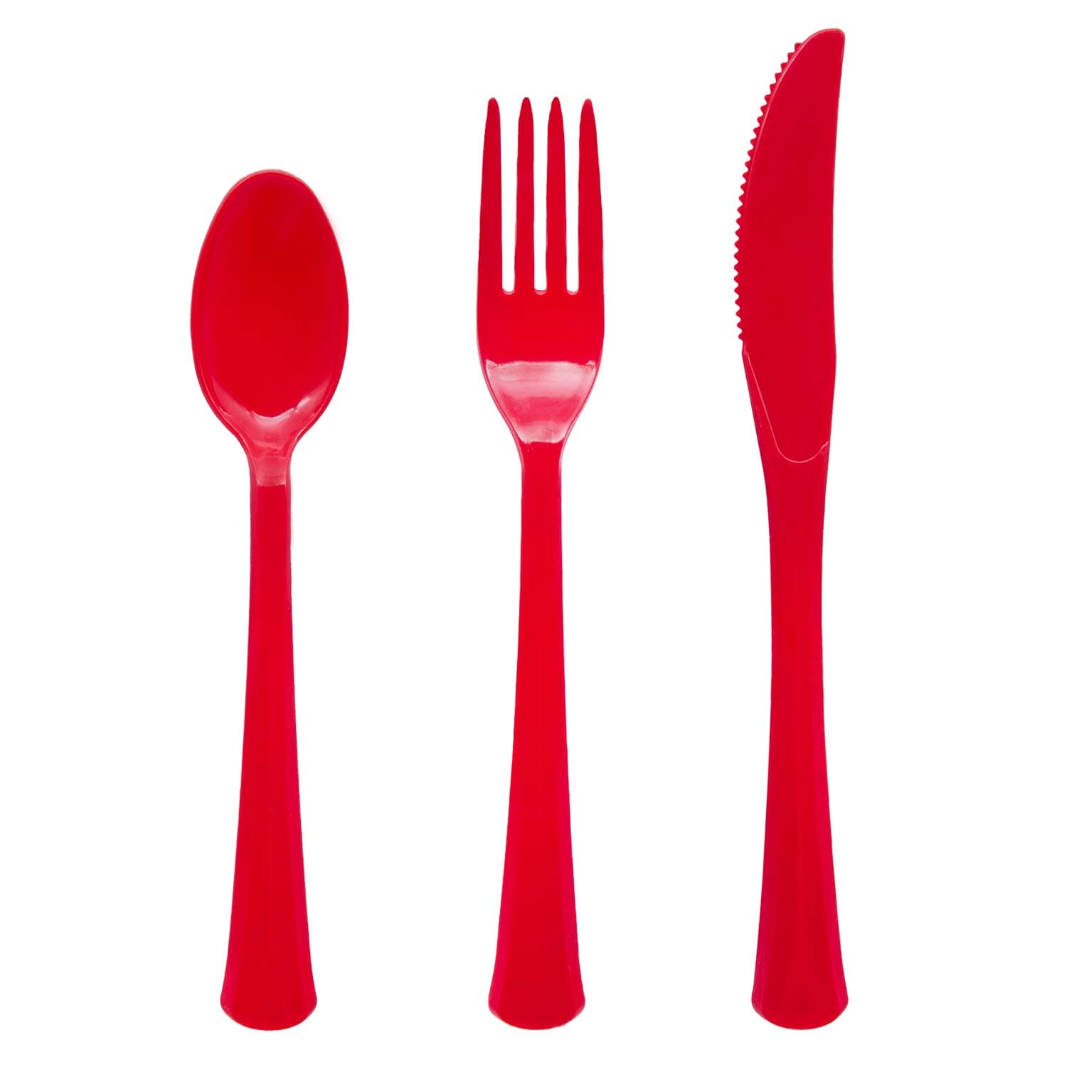 Party Essentials Extra Heavy Duty Hard Plastic Cutlery Combo Pack and Full Size Knives/Forks/Spoons, Red, 8 Place Setting-Count