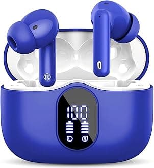 Btootos Wireless Earbuds Bluetooth 5.3 Headphones Bass Stereo Ear Buds with Noise Cancelling Mic LED Display in Ear Earphones IP7 Waterproof 36H Playtime for Laptop Pad Phones Sports Sapphire Blue