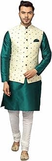 Uri and MacKenzie Men's Silk Blend Regular Kurta Churidar Pyjama with Bundi Nehru Jacket/Waistcoat