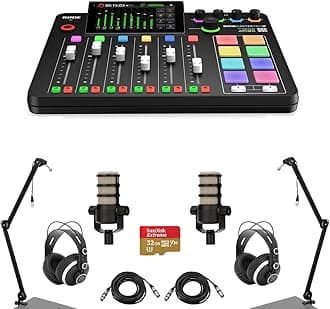 Rode RODECaster Pro II Integrated Audio Production Studio Console Bundle with 2x PodMic Microphone, TAPH500 Headphones, Broadcast Arm, M to F XLR Cable, 32BG microSD Card