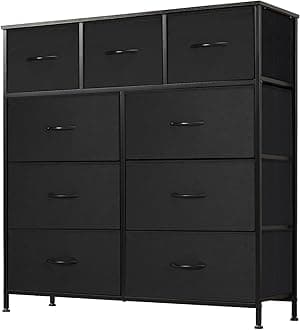 DUMOS Dresser for Bedroom, Storage Organizer with 9 Drawers, Chest of Drawers with Fabric Bins, Sturdy Metal Frame, Wood Tabletop for Guest Room, Closet, Entryway, Black