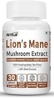 NutriJa Lions Mane Mushroom Extract 1000mg Capsules - Standardized to Contains > 38% Beta Glucans - 30 Veg Capsules