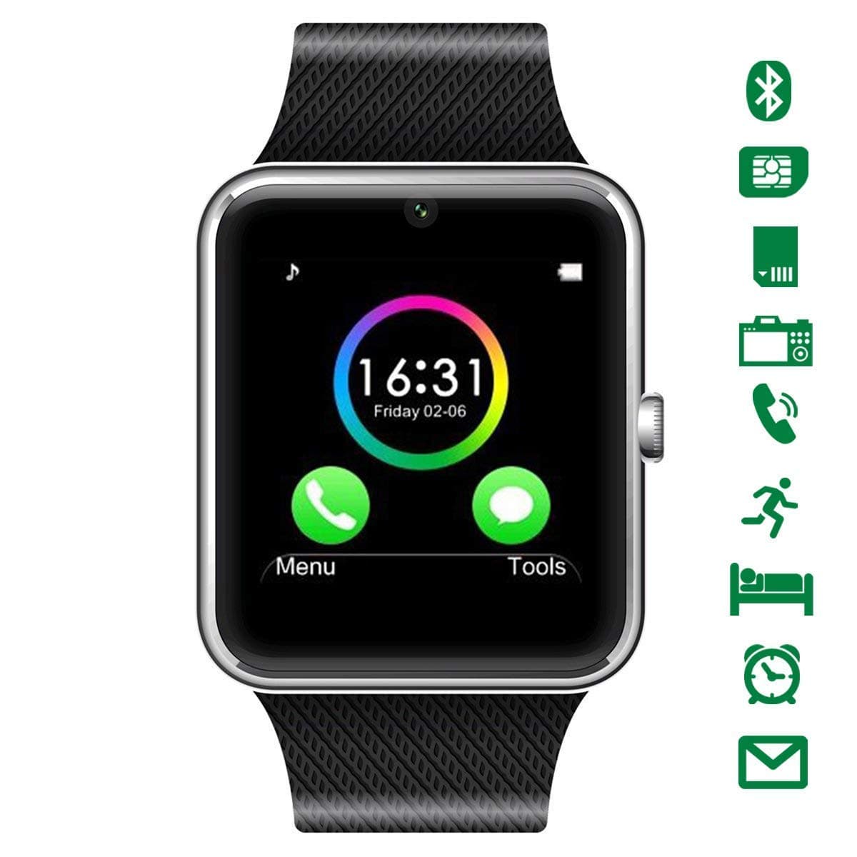 CHEREEKI Curved Screen Smartwatch, Bluetooth Smart Watch with Soft Strap, Supports SIM/TF Card, Remote Camera, Pedometer, Message Push, SMS, WhatsApp, Facebook, Twitter. (silver)