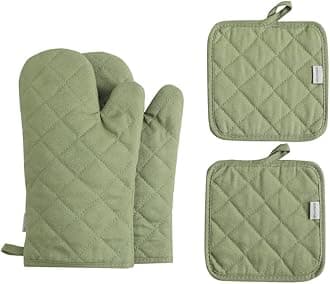 Oven Mitts and Pot Holders 4 pcs Set,High Heat Resistant 500 Degree Extra Thicken Long Kitchen Cotton Oven Glove for Cooking (12 Inch,Green)