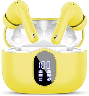 Wireless Earbuds, Bluetooth 5.4 Headphones In Ear with 4 ENC Noise Cancelling Mic, New Bluetooth Earbuds Mini Deep Bass Stereo Sound, 36H Playtime LED Display Wireless Earphones Yellow