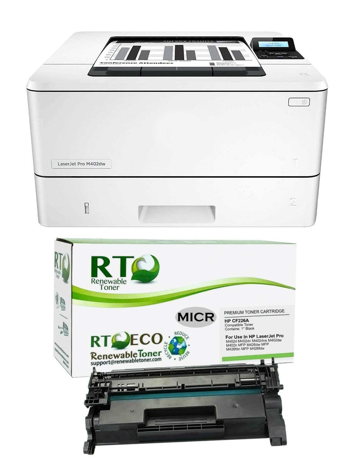 Renewable Toner Laserjet M402dw MICR Check Printer Bundle with 1 RT CF226A 26A Compatible MICR Toner Cartridge (2 Items)