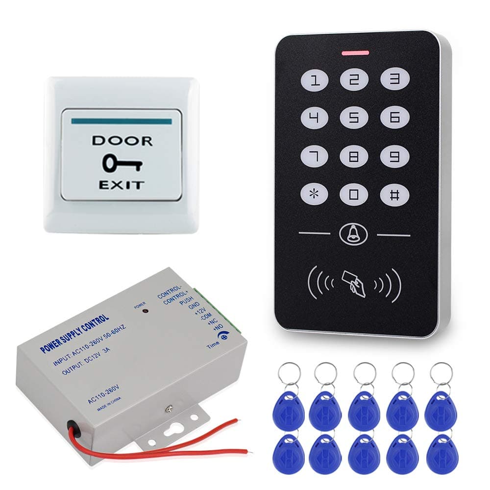 Diginex HFeng Access Control System Kit 125KHz RFID Keypad + DC12V 3A Power Supply Controller + Door Exit Button + 10pcs Keyfobs Card for Home Alarm Wooden/Metal/Glass Door