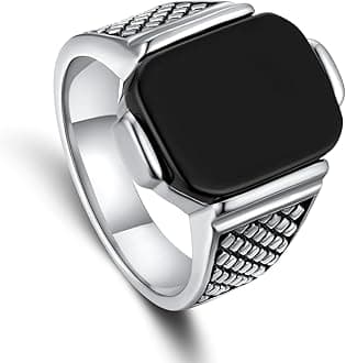 HyuhavMens Signet Ring Stainless Steel Silver Rings for Men Women,Emerald/Black Onyx/Ruby/Blue Gemstone Ring Wedding Ring Gift Package