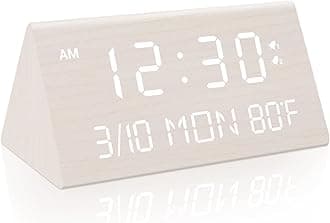 Wooden Digital Alarm Clock, 0-100% Brightness Dimmer & Volume, Temperature Detect, Date, Weekday/Weekend Mode, Dual Alarm, 9 Mins Snooze, 12/24H, Wood LED Clock for Bedroom, Bedside (White)