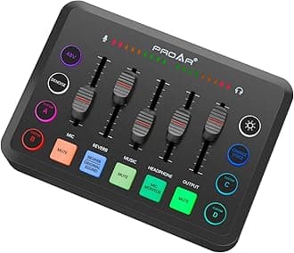 PROAR Audio Mixer,Podcast Equipment Bundle with Audio Interface for PC Phone,RGB DJ Mixer with Vocal Effects,Sound Board,Professional Sound Card for Live Streaming/Podcasting/Gaming/Recording/Youtube