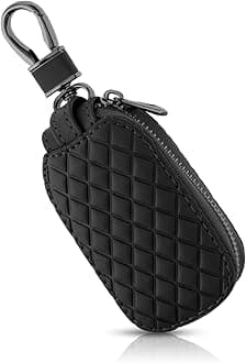 TIESOME Genuine Leather Car Key Case Holder, Universal Auto Key Fob Cover Case Anti Scratch Car Key Protectors Waterproof Vehicle Keyring Zipper Bag with Keychain & Carabiner Car Accessories