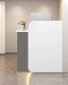 Reception Desk Office Checkout Counter, Modern Front Desk Reception Counter Desk with Lockable Drawer Simple Retail Counter for Retail, Lobby, Beauty Salon Clothing Store(Gray+White,55" Lx18 Wx39 H)