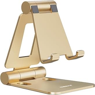 Nulaxy Phone Stand for Desk, Fully Foldable Adjustable Mobile Phone Holder Dock Compatible with iPhone 16 15 14 13 12 11 Pro Max Xs Xr X 8, HUAWEI, Galaxy, Nintendo Switch, All Phones - Gold