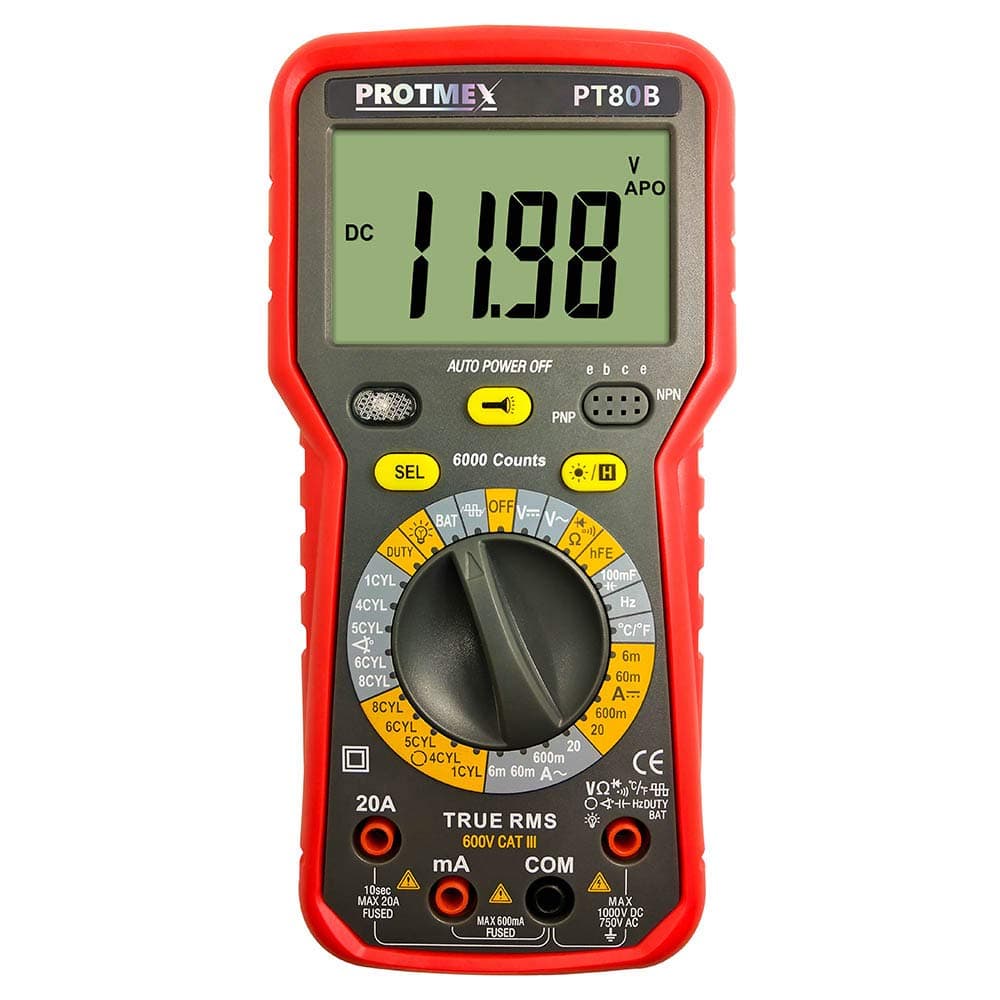 PROTMEX Digital Multimeter, 6000Counts TRUE RMS Auto-Range DDM with thermocouple, AC Voltage Tester, Voltage Alert, Amp/Ohm/Cap Multi Tester/Diode and Continuity Test with Backlight LCD Display,PT80B