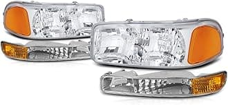 PM PERFORMOTOR Chrome Housing Amber Corner Headlights Compatible with 99-07 Sierra 1500 2500 3500&HD / 99-06 Yukon&XL / 2001 Sierra C3, PMHL-GSIE-9906-4P-OH-CA