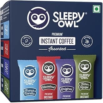 Sleepy Owl Premium Instant Coffee Sachets | 96 gm - Pack of 48 Assorted Coffee Powder Sachets | 2g Each - Original, French Vanilla, Hazelnut, and Filter Kaapi - Flavoured Coffee | Coffee Pouch - Makes