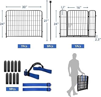 ADAVIN 24インチ(高さ) ガーデンフェンス ゲート付き パネル8枚 合計19.7フィート (L) 高耐久 鉄製 金属製 動物バリアフェンス 庭用屋外犬用フェンス 一時的フェンス 掘り出し物なし ガーデンボーダーフェンス