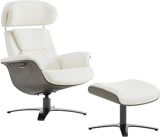 CHITA Genuine Leather Reclining Swivel Chair with Adjustable Headrest and Ottoman for Living Room, White