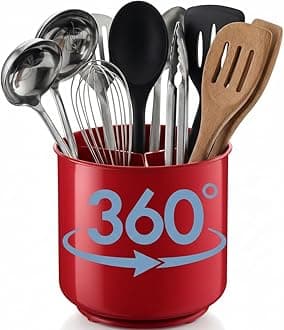 Extra Large Rotating Red Utensil Holder with Sturdy No-Tip Weighted Base, Removable Divider, and Gripped Insert | Rust Proof and Dishwasher Safe Kitchen Utensils Holder and Cutlery Holder