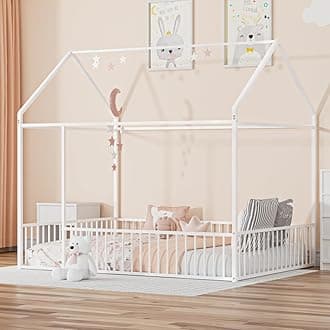 LLS Full Floor Bed, Metal Montessori Bed with Fence, House Bed Frame for Boys Girls Bedroom, White(Without Slat)