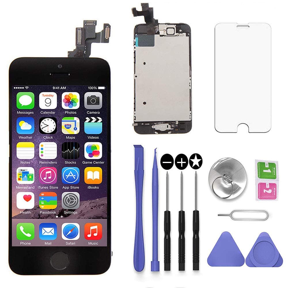 Screen Replacement Black for iPhone 5S 4.0 inch with Earpiece and Camera Full Assembly 3D Touch LCD Display Digitizer Frame Replacement with Repair Tool Kit, Screen Protector