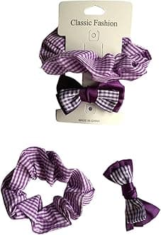 Gingham Hair Accessories for School Alice Band Slim Headband Scrunchy Clips (Purple 4 piece Gingham Clips and Scrunchies School Hair Set)