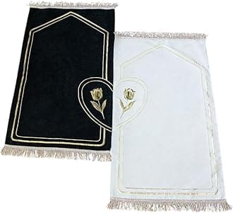 Muslim Prayer Rug for Couples, Praying Mat Set for Women & Men, Soft Prayers Matt with Prayer Beads, Islamic Gifts for Ramadan Eid, Two Pieces, White-Black Rose Patterned
