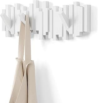 Umbra Sticks Multi Rack - Modern, Unique, Space-Saving Hanger with 5 Flip-Down Hooks for Hanging Coats, Scarfs, Purses and More, White