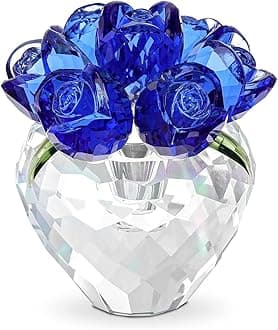 Crystal Rose Flower Figurines Collectible Glass Spring Bouquet with Vase Home Decor Romantic Gifts for Women Blue