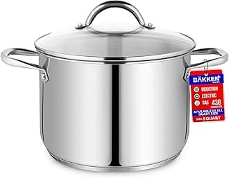 Stainless Steel Stockpot with Tempered Glass Lid 8 Quart, Durable 18/0 Stainless Steel, Impact-Bonded Base for Even Heating, Riveted Handles, Oven & All Stove Compatible, Safe Up To 500°F (260°C)