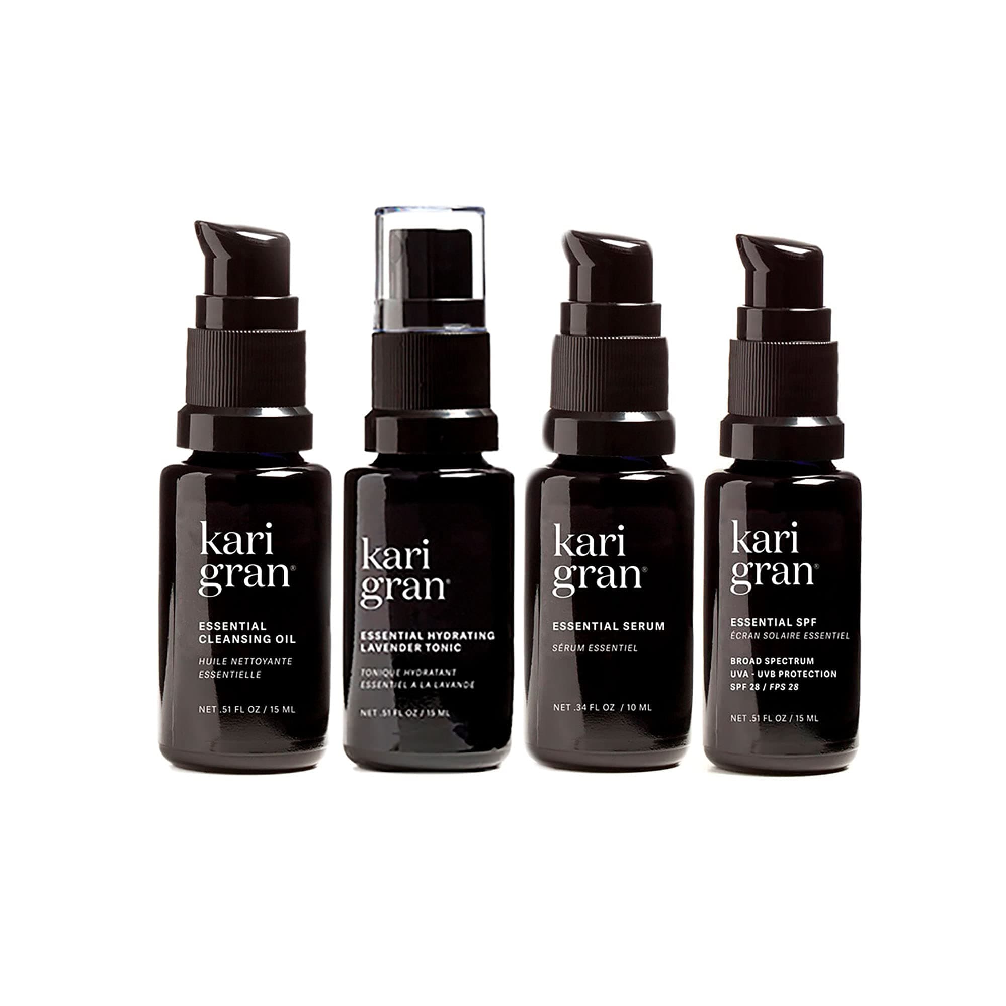 Kari Gran Mini Kit, Lavender, includes Essential Cleansing Oil, Essential Hydrating Lavender Tonic, Essential Serum, and Essential SPF 30.
