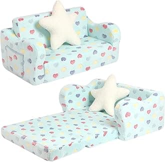 Toddler Couch, 2-in-1 Kids Soft Couch Fold Out with Star Pillow, Foldable Sofa to Lounger, Large, Colorful Heart
