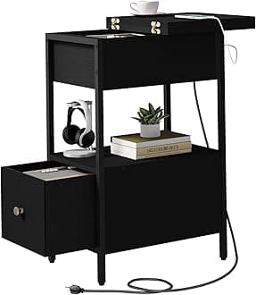 SOOWERY End Table with Charging Station, Narrow Side Table with Flip Top Cabinet and Fabric Drawer, Nightstand Bedside Tables for Small Spaces, Bedroom, Living Room, Black