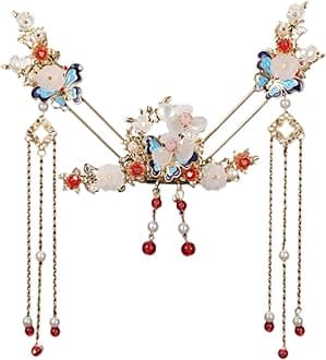 5 Pcs Flower Tassels Hairpin, Chinese Hair Pins Flower Pins for Hair, Chinese Hanfu Hairpin Rhinestone Pearl Clips Headpiece, Retro Hanfu Wedding Brides Updo Long Hair Accessories (Jingtai Blue)