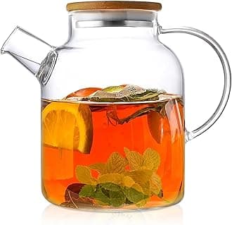 KHOLAD Glass Tea Pot with Removable Filter & Bamboo Lid 1500ml Fruit Infused Water Jar with Handle Stovetop Safe, Microwave Safe Tea Kettle Maker for Blooming and Loose Leaf Tea (1500ML)