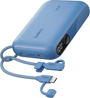 Belkin Portable Charger, Slim USB-C Power Bank 10,000mAh w/ 2 USB-C Ports, Digital Battery Display, 20W Charging Battery Pack - iPhone 17, Air, Pro, Samsung Galaxy S25, Pixel 10, iPad, & More - Blue