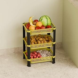 3-Layer Multipurpose Plastic Kitchen Storage Rack | Vegetable Basket Organizer | Stackable Storage Stand for Home, Pantry, Bathroom, Office – Durable Space-Saving Shelf (Yellow)
