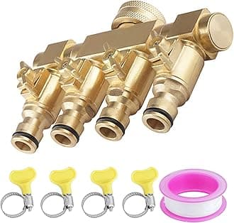 JasCherry4 Way Brass Tap Manifold with Individual On/Off Valves, Brass 4 Way Tap Adaptor for Outdoor Tap and Garden Hoses, with 4 Adjustable Buckles and Water Tape