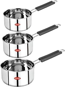 AADHIK Stainless Steel Sauce Pan Set of 3 Sauce Pan Milk Pan Tapeli Patila Induction Base 2 Litre,1.5 Litre, 1 Litre Milk Boiler Cookware with Handle