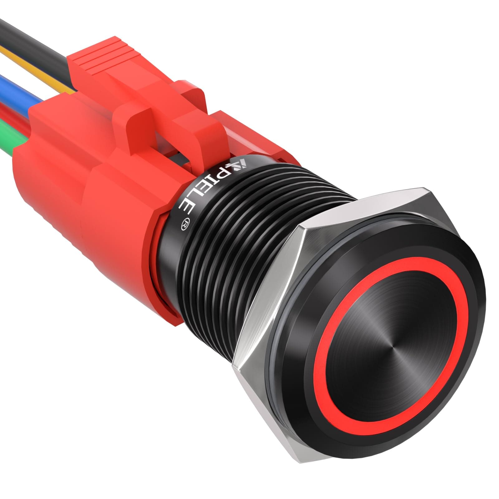 16mm Latching Push Button Switch 12V DC On Off Black Shell with LED Angel Eye Head for 0.63" Mounting Hole with Wire Socket Plug Self-Locking (Red/Black Shell)