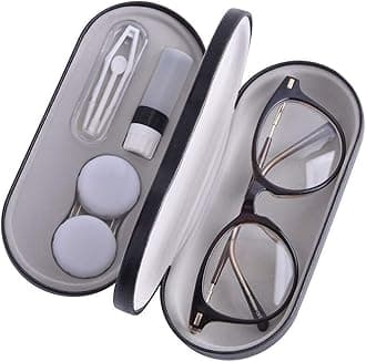 Contact Lens Case - 2 in 1 Double Sided Portable Glasses Case - Mirror - Tweezers and Applicator Included - Perfect for Home Travel-Black ¡­