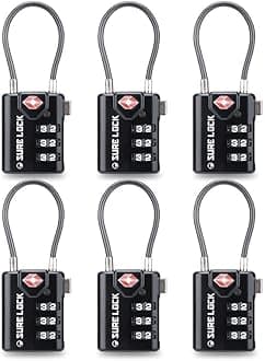 SURE LOCK TSA Approved Combination Luggage Locks with Open Alert Indicator – Durable Zinc Alloy Cable Travel Locks with Large Easy-Read Dials for Suitcases, Backpacks & Gym Bags(Black 6 Pack
