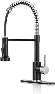 DJS Kitchen Faucets with Pull Down Sprayer Matte Black & Brushed Nickel High Arc Single Handle 1 or 3 Holes Spring Kitchen Sink Faucet with Deck Plate for Farmhouse RV Vessel Basin
